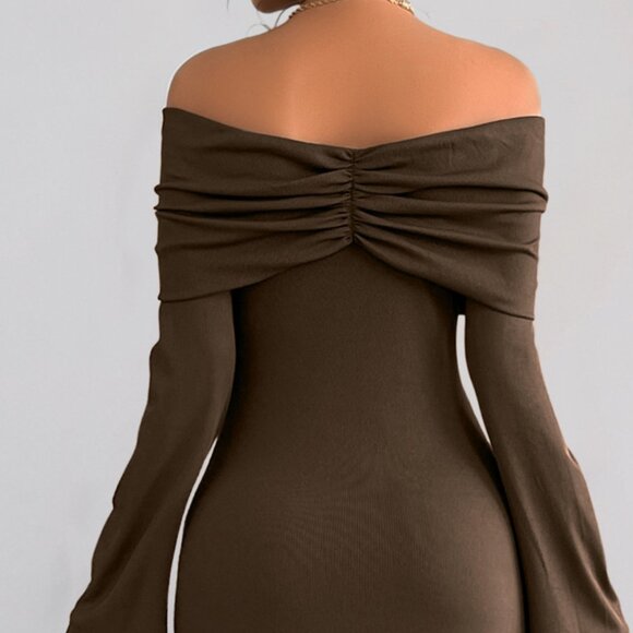 Off-Shoulder Long Sleeve Bodycon Maxi Dress | Formal Solid Dress - Picture 8 of 12